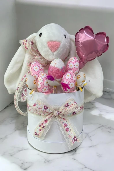 SOLE Premium Paskalya Temalı 45 cm Beyaz Bunny Tavşan Hediye Kutusu - Dekoratif Yumurta ve Kalp Balon Detaylı - 2