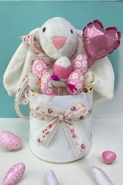 SOLE Premium Paskalya Temalı 45 cm Beyaz Bunny Tavşan Hediye Kutusu - Dekoratif Yumurta ve Kalp Balon Detaylı