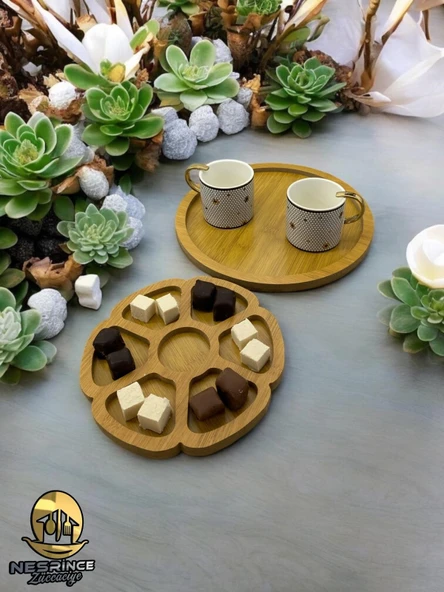 2'li Ahşap Papatya Model Dekoratif Sunumluk Tepsi Seti (27x27) - 3