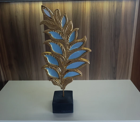 yaprak desenli aynalı kaideli sarı renk biblo - Resim 2