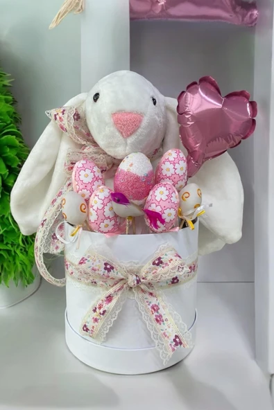 SOLE Premium Paskalya Temalı 45 cm Beyaz Bunny Tavşan Hediye Kutusu - Dekoratif Yumurta ve Kalp Balon Detaylı - 3