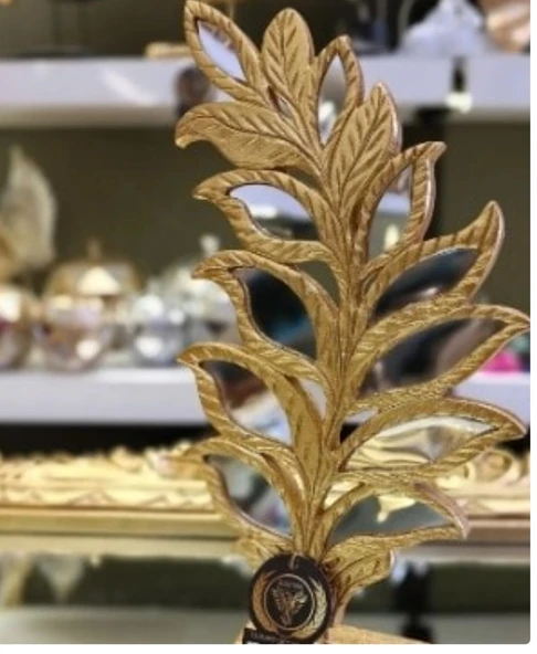 yaprak desenli aynalı kaideli sarı renk biblo - Resim 7