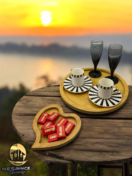 2'li Ahşap Kalp Model Dekoratif Sunumluk Tepsi Seti (27x27) - 3