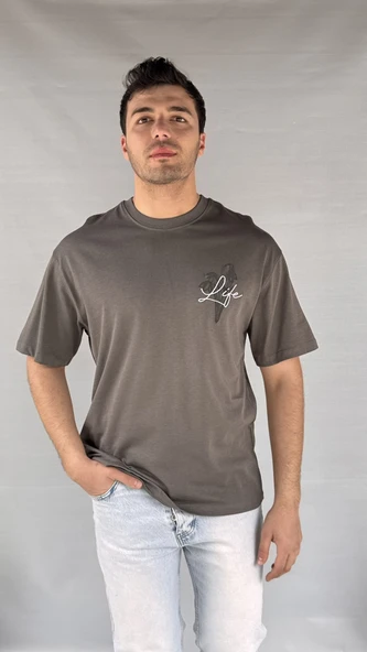 Life Baskılı Koyu Gri Erkek T-shirt - 5