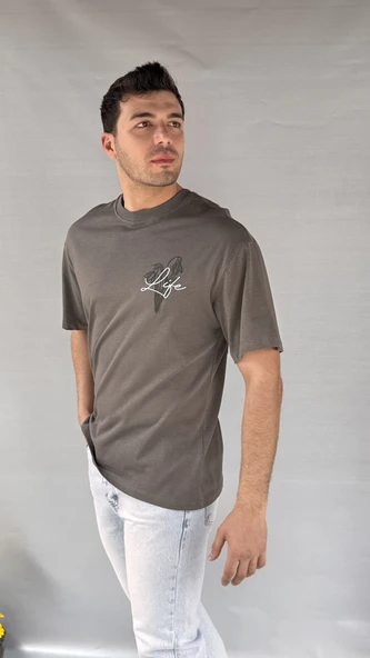 Life Baskılı Koyu Gri Erkek T-shirt - 6