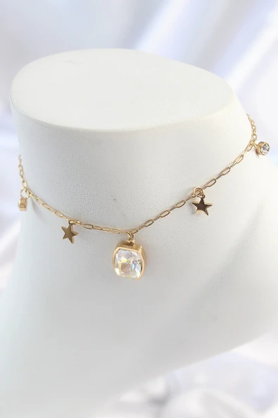 MuI MuI 316L Çelik Gold Renk Sallantı Kare Zirkon Taş Figür Yıldız Detay Kadın Halhal