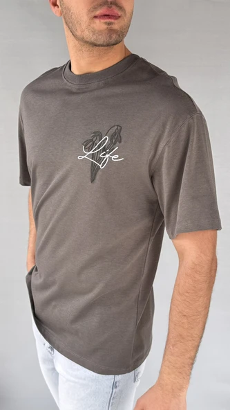 Life Baskılı Koyu Gri Erkek T-shirt - 7