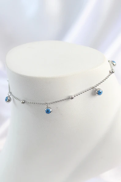 MuI MuI 316L Çelik Gümüş Renk Sallantı Nazar Boncuk Figür Topçuk Detay Kadın Halhal