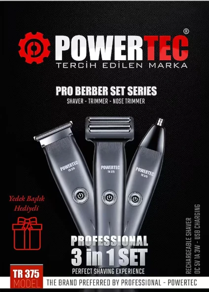 Powertec TR-375 (3in1) Günlük Erkek Tıraş Bakım Seti (3 Başlıklı ve Ek Başlık Hediyeli) ürün görseli 1