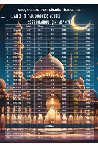 Ramazan İmsakiyesi Modern Kişiye Özel Tasarımlı Dijital Baskı 1 Adet A4 300 gr Model 9