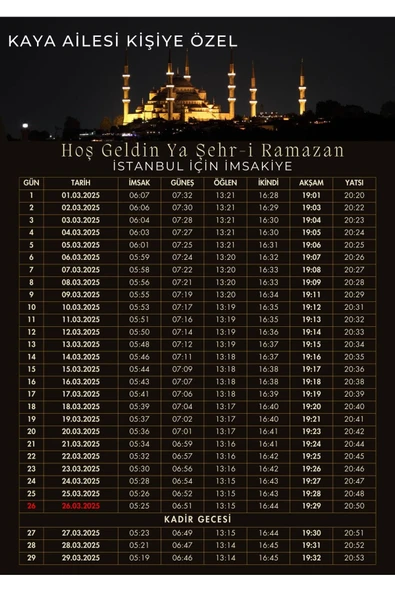 Ramazan İmsakiyesi Modern Kişiye Özel Tasarımlı Dijital Baskı 1 Adet A4 300 gr Model 28