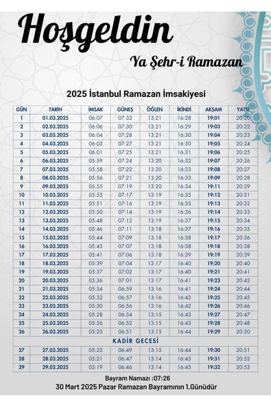 Ramazan İmsakiyesi Modern Kişiye Özel Tasarımlı Dijital Baskı 2 Adet A4 300 gr Model 21