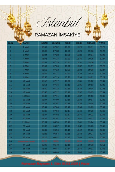 Ramazan İmsakiyesi Modern Kişiye Özel Tasarımlı Dijital Baskı 1 Adet A4 300 gr Model 31