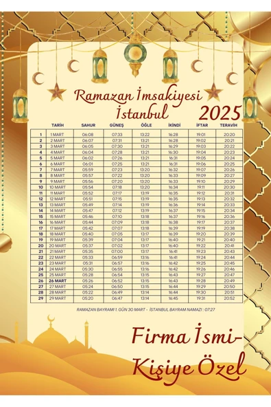 Ramazan İmsakiyesi Modern Kişiye Özel Tasarımlı Dijital Baskı 6 Adet A4 300 gr Model 37