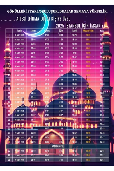 Ramazan İmsakiyesi Modern Kişiye Özel Tasarımlı Dijital Baskı 6 Adet A4 300 gr Model 6