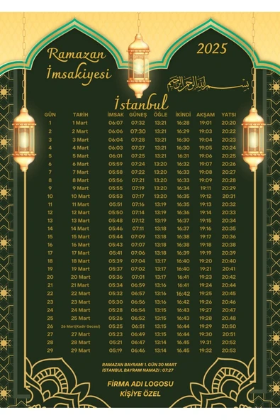 Ramazan İmsakiyesi Modern Kişiye Özel Tasarımlı Dijital Baskı 10 Adet A4 300 gr Model 46