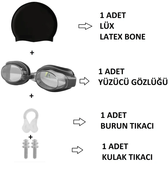 4lü Set Yetişkin Havuz Deniz Yüzücü Gözlüğü Boneli Tıkaçlı UV Korumalı Yüzme Seti - 4