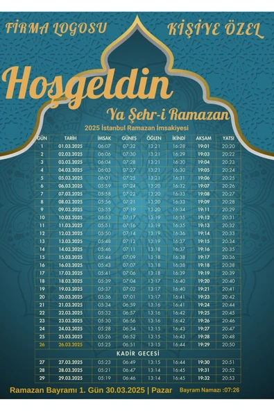 Ramazan İmsakiyesi Modern Kişiye Özel Tasarımlı Dijital Baskı 10 Adet A4 300 gr Model 25