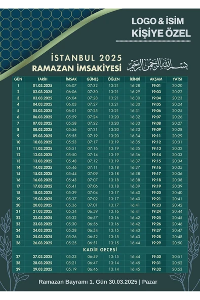 Ramazan İmsakiyesi Modern Kişiye Özel Tasarımlı Dijital Baskı 10 Adet A4 300 gr Model 29