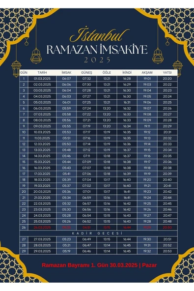 Ramazan İmsakiyesi Modern Kişiye Özel Tasarımlı Dijital Baskı 10 Adet A4 300 gr Model 26