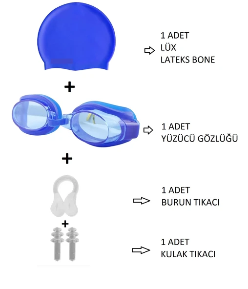 4lü Set Yetişkin Havuz Deniz Yüzücü Gözlüğü Boneli Tıkaçlı UV Korumalı Yüzme Seti
