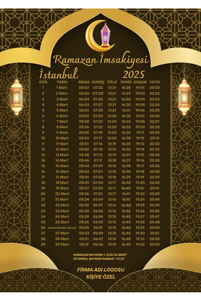 Ramazan İmsakiyesi Modern Kişiye Özel Tasarımlı Dijital Baskı 100 Adet A4 300 gr Model 47