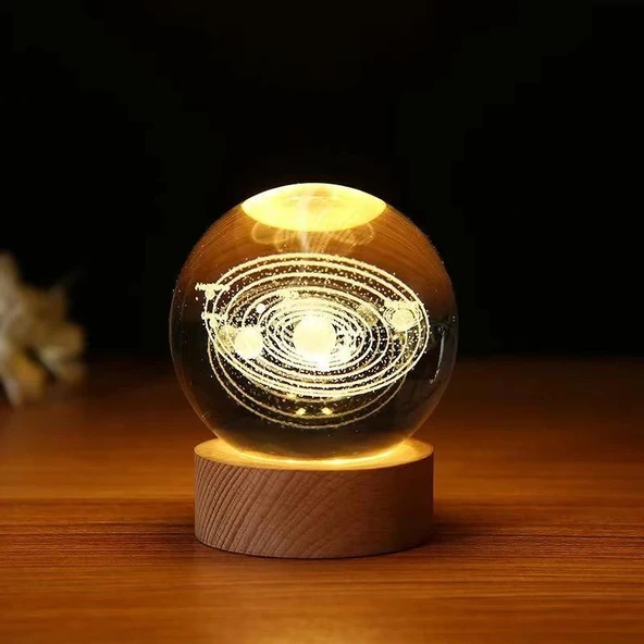 Dekoratif Gezegen Tasarımlı Ahşap Altlıklı Işıklı Cam Küre Cam:6cm Ahşap:2cm - 2