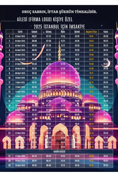 Ramazan İmsakiyesi Modern Kişiye Özel Tasarımlı Dijital Baskı 1000 Adet A4 300 gr Model 7