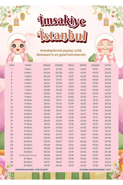 Ramazan İmsakiyesi Modern Kişiye Özel Tasarımlı Dijital Baskı 500 Adet A4 300 gr Model 44