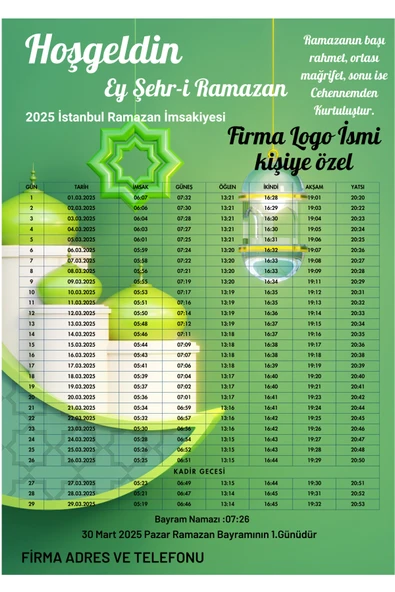 Ramazan İmsakiyesi Modern Kişiye Özel Tasarımlı Dijital Baskı 1000 Adet A4 300 gr Model 19