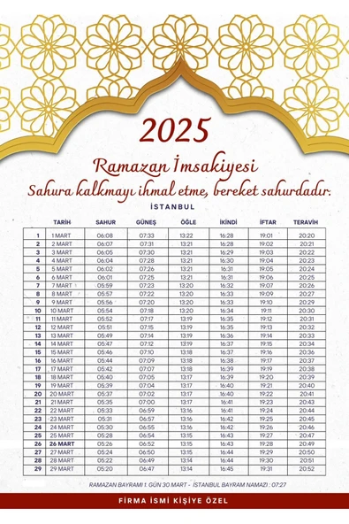 Ramazan İmsakiyesi Modern Kişiye Özel Tasarımlı Dijital Baskı 500 Adet A4 300 gr Model 39