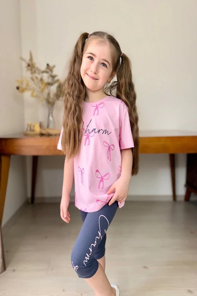 Fiyonk Baskı Kız Çocuk Pembe Renk Kapri Taytlı Takım