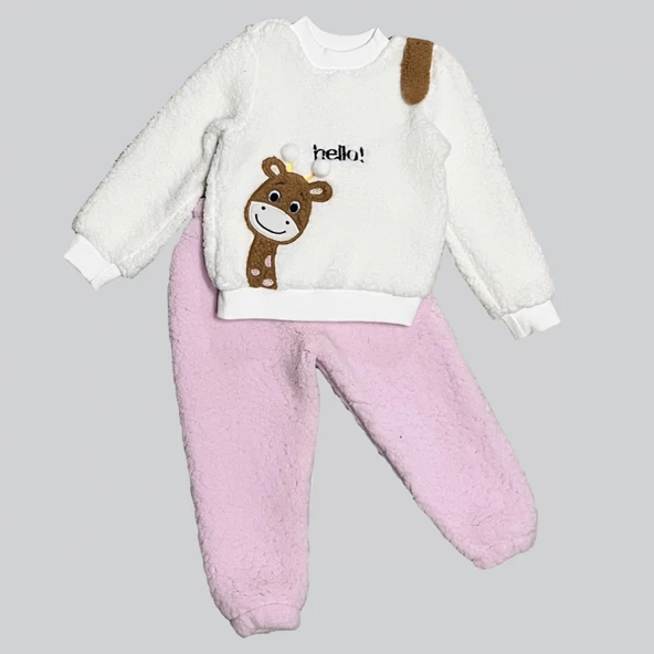 1-2-3 Yaş Hello Zürafa Nakışlı Kuzu Kumaş Sweat Pantolon Uzun Kollu Kız Erkek 2 Li Takımı