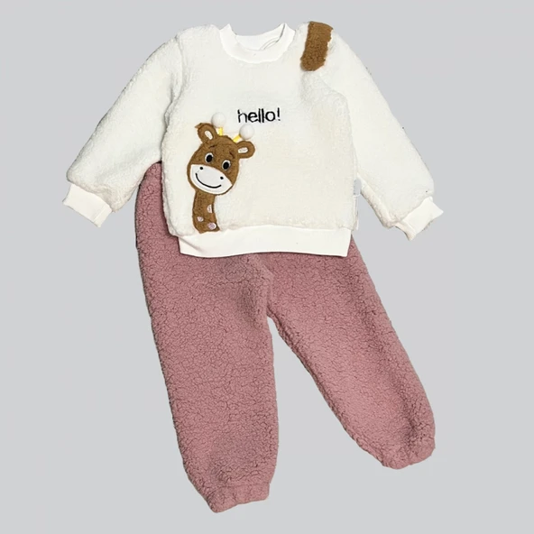 1-2-3 Yaş Hello Zürafa Nakışlı Kuzu Kumaş Sweat Pantolon Uzun Kollu Kız Erkek 2 Li Takımı