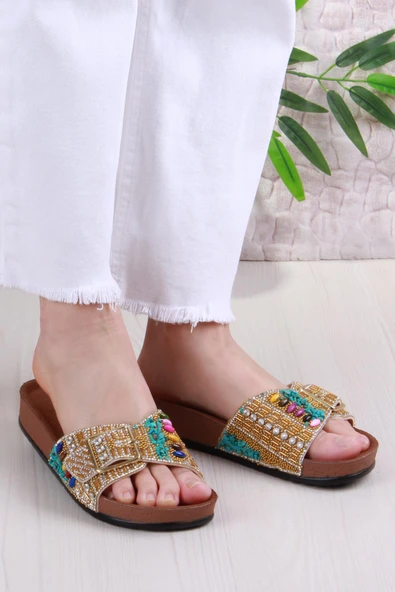 Fort Pienn 20050 Anatomik Rahat Taşlı Boncuklu Tek Tokalı Kadın Terlik - Resim 7