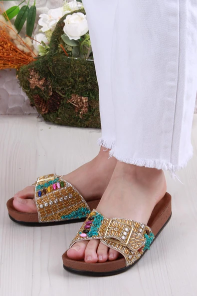 Fort Pienn 20050 Anatomik Rahat Taşlı Boncuklu Tek Tokalı Kadın Terlik - Resim 8