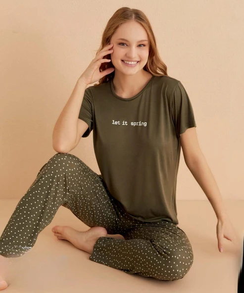 Mihra Kadın Bisiklet Yaka MİLAN Likralı Kısa Kol Pijama Takımı 50107H - 1 Adet  Haki S - M