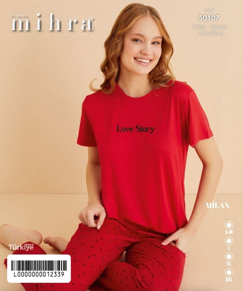 Mihra Kadın Bisiklet Yaka MİLAN Likralı Kısa Kol Pijama Takımı 50107K - 1 Adet  XL Kırmızı - 2