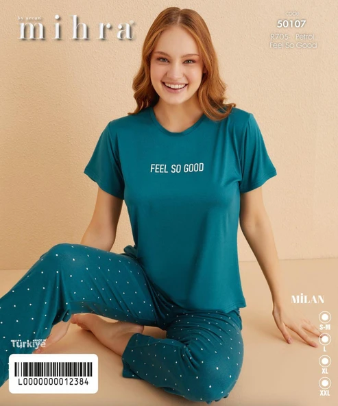 Mihra Kadın Bisiklet Yaka MİLAN Likralı Kısa Kol Pijama Takımı 50107P - 1 Adet  XL Petrol - Resim 2