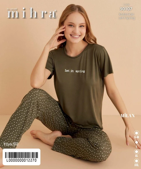Mihra Kadın Bisiklet Yaka MİLAN Likralı Kısa Kol Pijama Takımı 50107H - 1 Adet  L Haki - 2