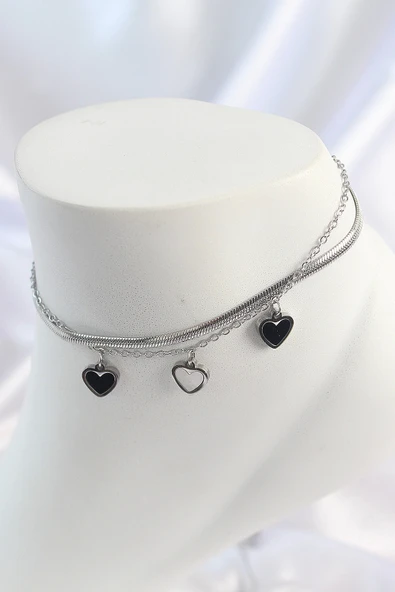 316L Çelik Gümüş Renk 2'Li İtalyan Zincir Model Sallantı Kalp Model Kadın Halhal - Resim 1