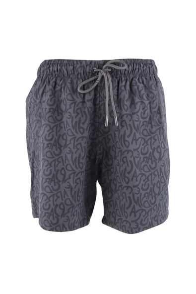 Erkek Deniz Şortu Cepli Pamuklu Polyester Su Yitici Tahriş Etmeyen Astar Desenli Antrasit BS-233