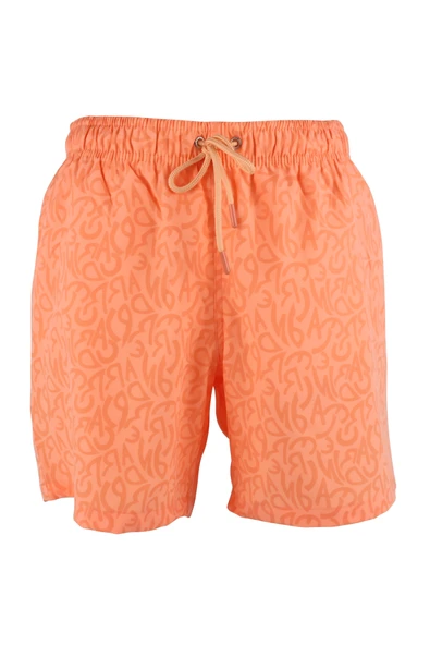 Erkek Deniz Şortu Cepli Pamuklu Polyester Su Yitici Tahriş Etmeyen Astar Desenli Turuncu BS-233