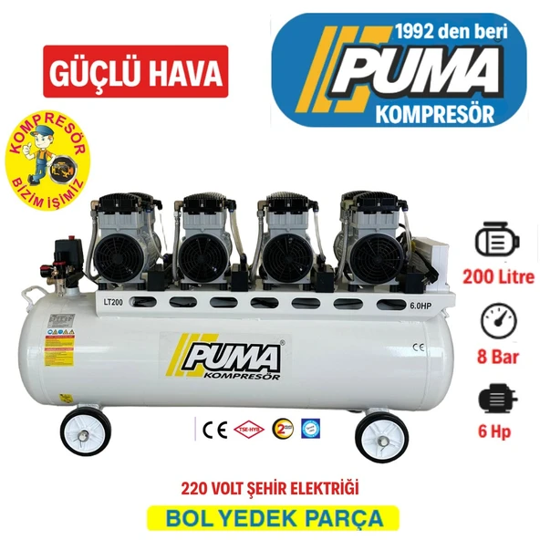 Puma 200 Lt Yağsız Sessiz Kompresör 220 V, 6 Hp, 8 Piston