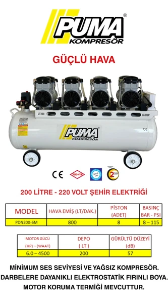 Puma 200 Lt Yağsız Sessiz Kompresör 220 V, 6 Hp, 8 Piston