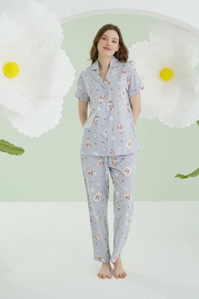 Gri Bear Heart Star Önden Düğmeli Pijama Takımı