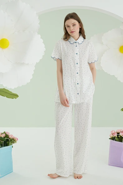 Mavi Puantiyeli Önden Düğmeli Pijama Takımı - 2