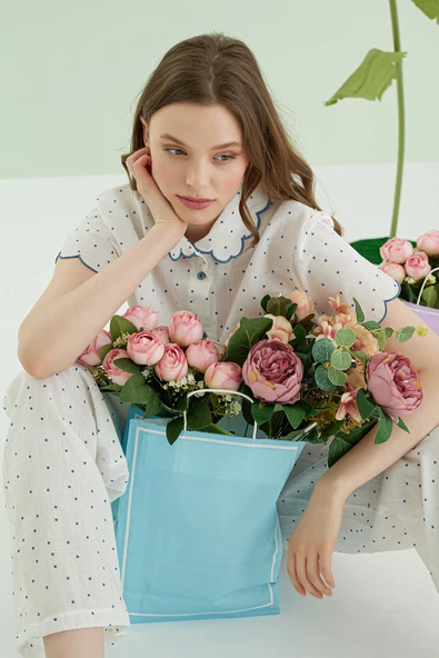 Mavi Puantiyeli Önden Düğmeli Pijama Takımı - 4