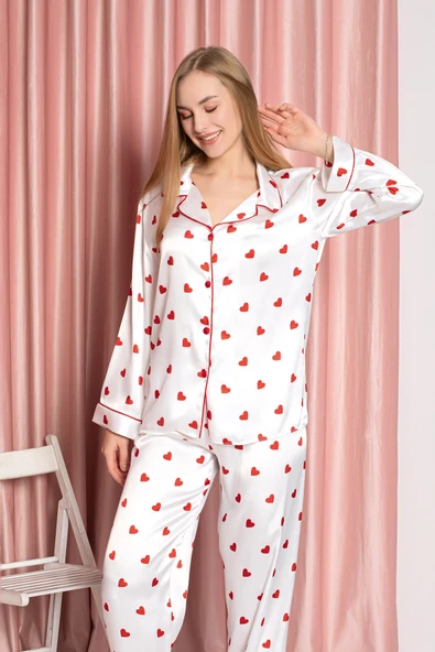 Ekru Kalpli Saten Pijama Takımı - Resim 2