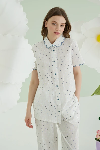 Mavi Puantiyeli Önden Düğmeli Pijama Takımı - 3